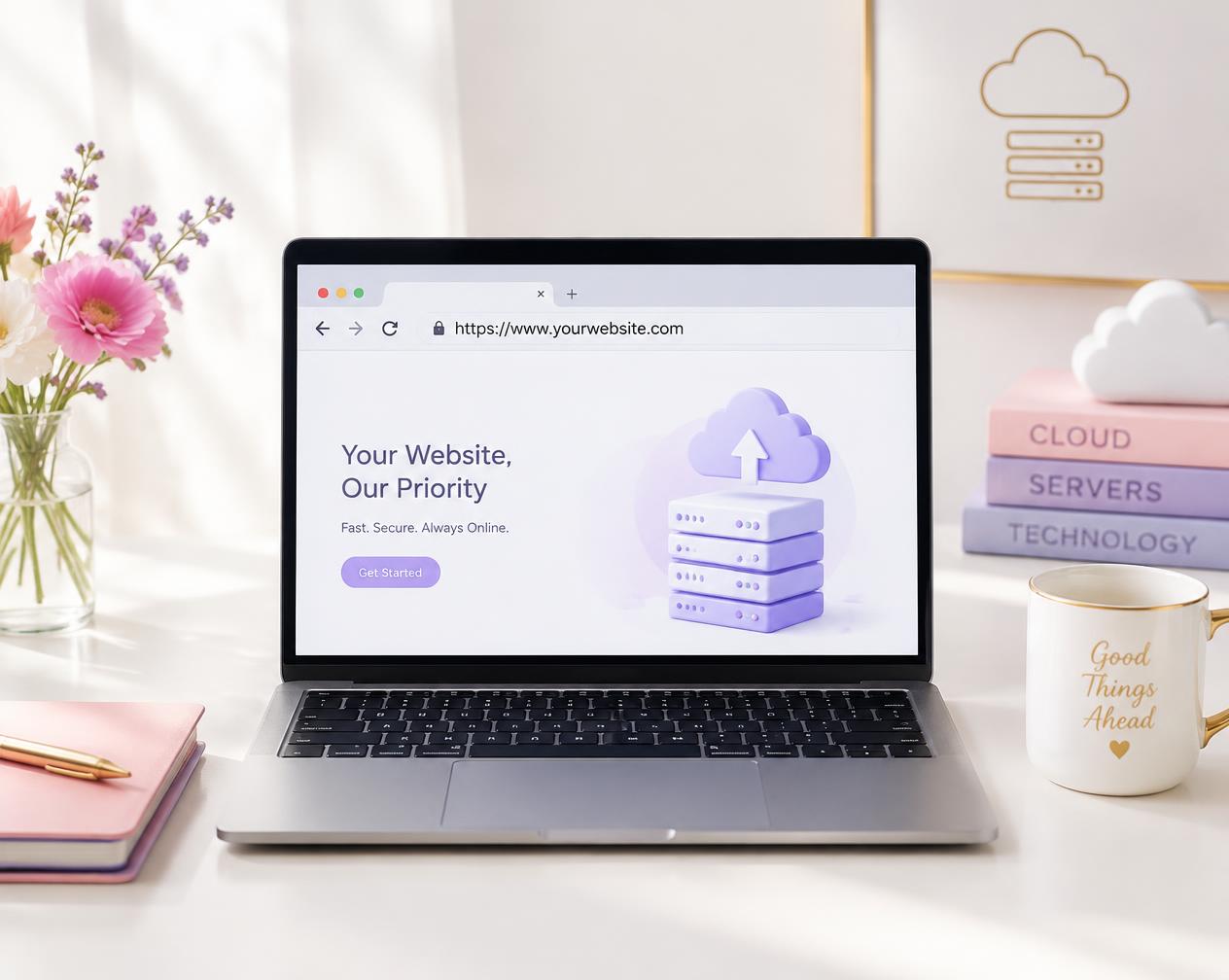 Laptop med webbadress, domän och hosting