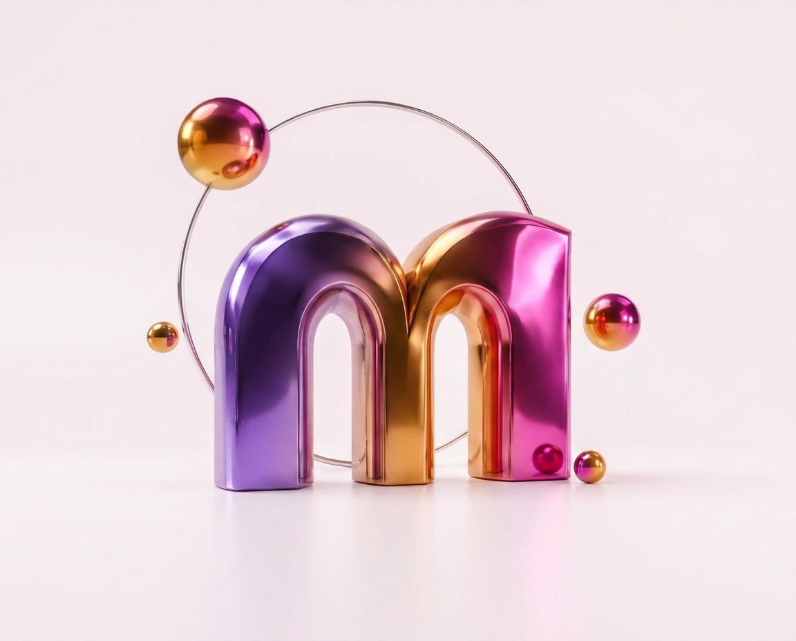 m-webbdesign-loggan i krom – lila, rosa och guld