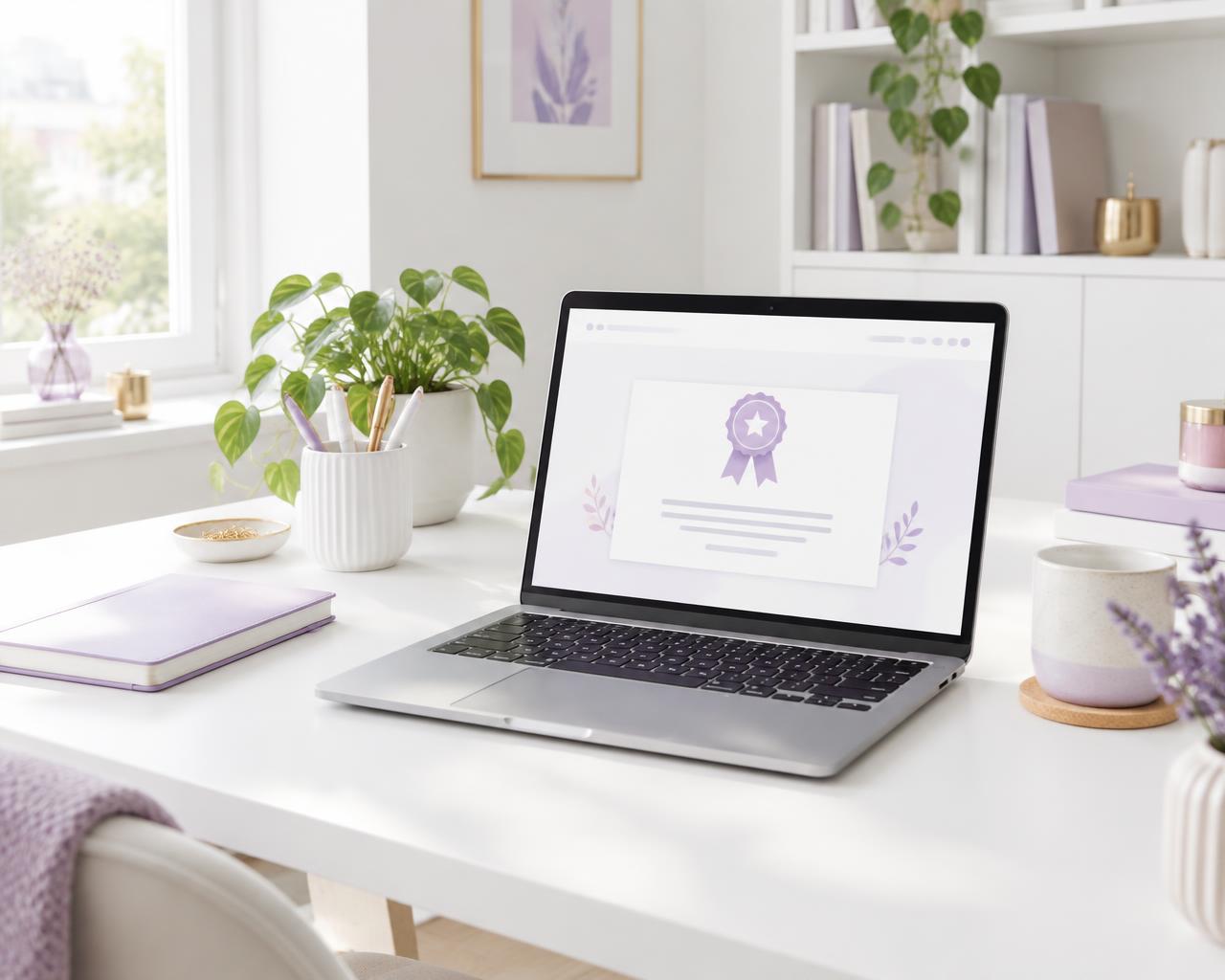 Ljust skrivbord med laptop som visar ett diplom